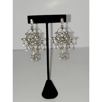 #ad Chandelier Post Back Earrings Dangle Sparkly Rhinestones Silver Tone Evening $15.26