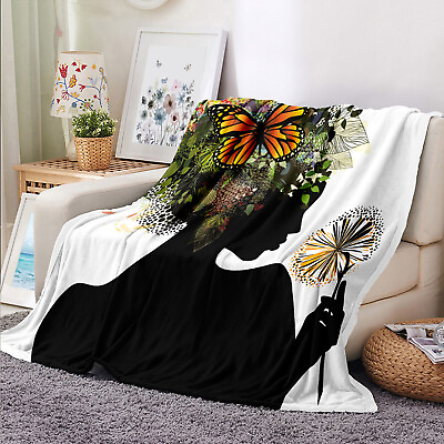 #ad Green Leaf Floral Butterfly African Girl Throw Blanket for Couch Bed Sofa Office $23.99