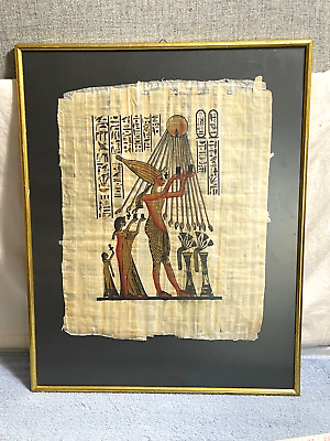 #ad Ancient Egyptian Papyrus painting King Akhenaten amp; Nefertiti worship sun Ritual $49.99