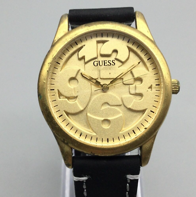 #ad Vintage Guess Watch Unisex 35mm Gold Tone 1994 Black Leather Band New Battery $31.49