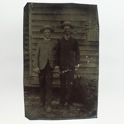 #ad Tattered Bent Affectionate Men Tintype c1870 Antique 1 6 Plate Guys Photo E727 $29.95
