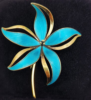 #ad Vintage Hroar Prydz Norway Blue Guilloche Enamel Floral Gilt Sterling Brooch Pin $149.97
