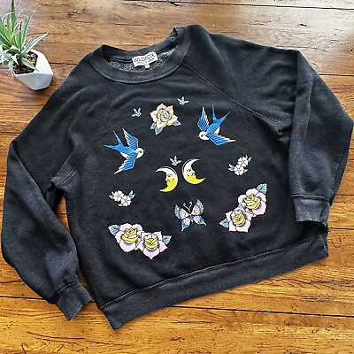 #ad Wildfox Birds Moon Roses Black Sweatshirt Rare Size Medium $54.00