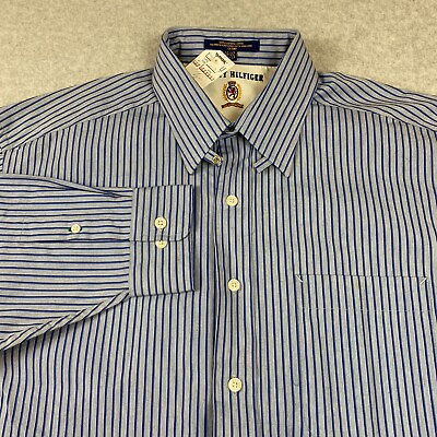 #ad VINTAGE Tommy Hilfiger Mens Shirt Large Blue Striped Long Sleeve Button Up Adult $24.95