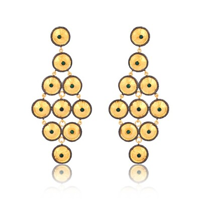 #ad Multi Hammered Disc Yellow Gold Chandelier Earrings With Green Onyx Jewelry Gift $54.68