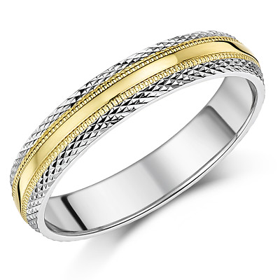#ad 9ct Yellow amp; White Gold Wedding Ring Pattern Two colour Ring 4mm Band GBP 177.19