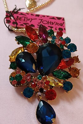 #ad Betsey Johnson Colorful Crystal Flower Tear Drop Pendant 30quot; Necklace Brooch $32.98