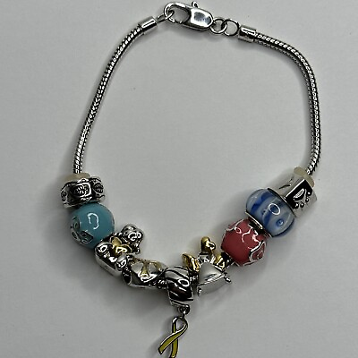 #ad Sterling Silver European Charm Bracelet OHM 9 Beads Angel Heart Dove Meow Flower $129.11