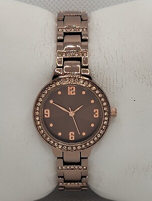 #ad Ladies Fashion Sparkly Paved Round Copper Tone Link Bracelet Analog Watch J4 $11.99