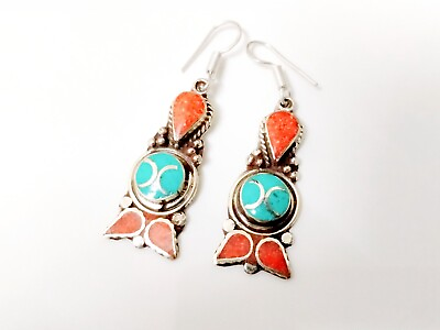 #ad Antique Vintage Tibetan Turquoise and Red Coral Silver Plated Handmade Earrings $13.34