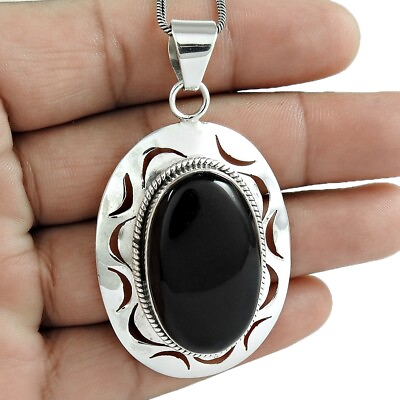 #ad Natural Onyx Gemstone Pendant Vintage Black 925 Sterling Silver Jewelry E20 $48.04