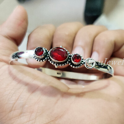 #ad Mozambique Red Faceted Garnet Gemstone 925 Sterling Silver Bangle Bracelet p 323 $22.97