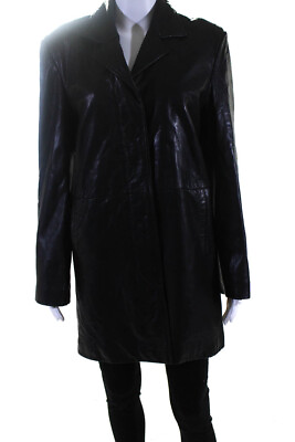 #ad Andrew Marc Womens Leather Darted Collared Buttoned Up Trench Coat Black Size S $59.79