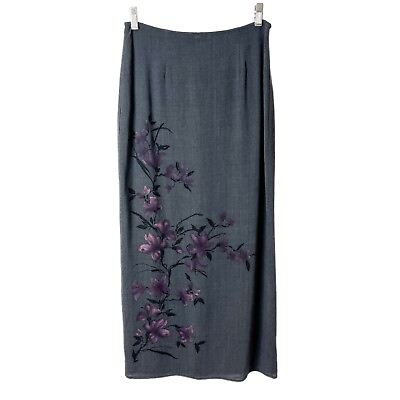#ad Express Women#x27;s Vintage Maxi Skirt 3 4 Asian Floral Orchid Print Gray Wool Lined $19.95