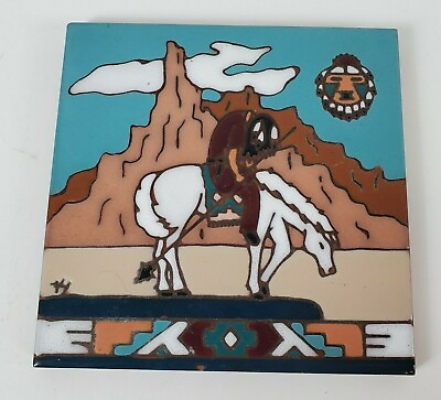 #ad Vtg Southwestern Style Tile Art #x27;End of the Trail#x27; Trivet $19.97