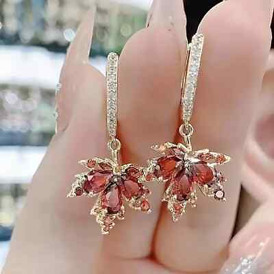 #ad Exquisite Maple Leaf Design Shiny Zircon Inlaid Dangle Earrings Bohemian Style $11.65