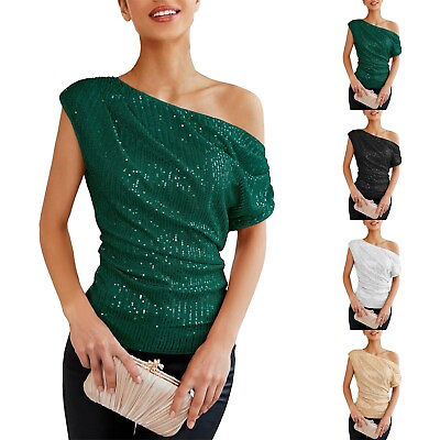 #ad Womens Ladies Blouse Casual Sexy One Shoulder Sequin Pleated Short Sleeve Tops $5.19