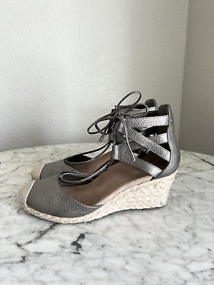 #ad Vionic Womens Calypso Pewter Espadrilles Size 8 Lace Up Wedge Shoe $45.00