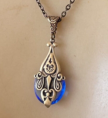 #ad Vintage Necklace Art Deco Brass Pendant Antique Sap phire Blue Czech Glass Drop $26.00