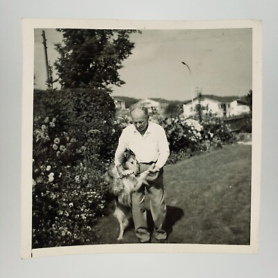 #ad Dancing Rough Collie Dog Photo 1940s Old Man Garden Outdoor Pet Snapshot A3722 $29.95