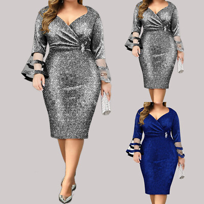 #ad #ad Women Sequins V Neck Mesh Midi Dress Ladies Formal Evening Party Dress Plus Size $34.89