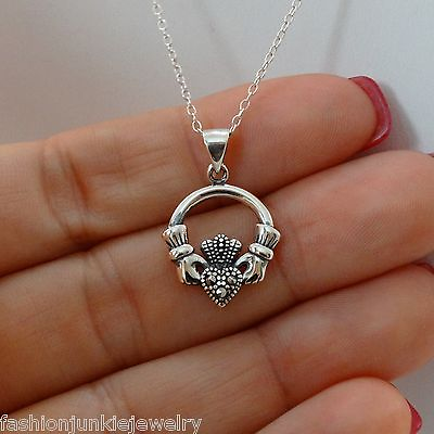 #ad Marcasite Claddagh Necklace 925 Sterling Silver Claddagh Heart Pendant Celtic $21.00