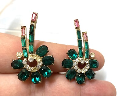 Vintage earrings gold tone flower large green crystals $20.00