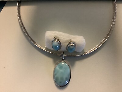 #ad authentic natural larimar 925 sterling silver Omega Necklace amp; Earrings $125.00