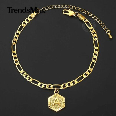 #ad 5mm Gold Plated Figaro Chain Initial Charm Anklet Bracelet Stainless Steel Ankle $8.49