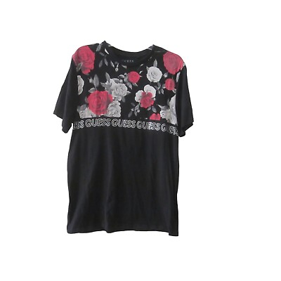 #ad GUESS Black w Red amp; Gray Rose Print Short Sleeve T Shirt Sz XL $16.00