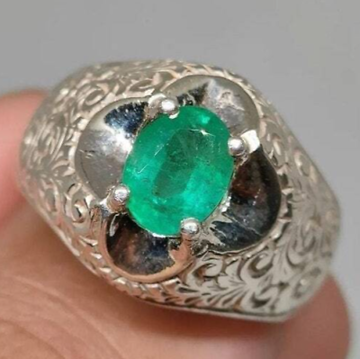 #ad Natural Vivid Green Emerald Mens Ring Sterling Silver 925 Ring Hand Art Crafted $350.00