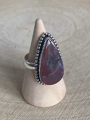 #ad Red Moss Agate Ring Size P Sterling Silver 925 Plated Oval Vintage Bohemian Pear GBP 11.80