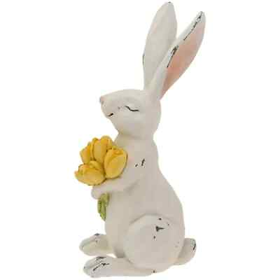 #ad New Easter WHITE BUNNY WITH YELLOW TULIPS FIGURINE Rabbit Statue Figure 9quot; $19.99