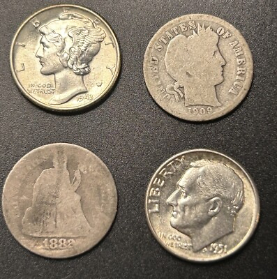 #ad 4 Coin Dime Set 1883 SLD 1909 O Barber 1943 Merc 1951 Roosevelt 90% Silver Zm $25.00