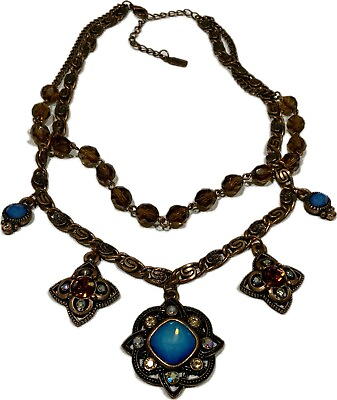 #ad 1928 Victorian Necklace Designer Double Copper Chain Crystal Pendants 18 Inch $15.99