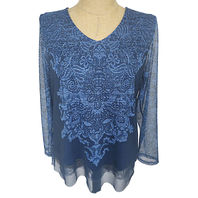 #ad Chicos Tunic Top Size 2 Large Blue Long Sheer Sleeves V Neck Paisley Pullover $24.99