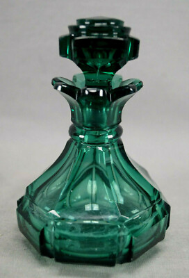 #ad Bohemian Panel Cut Teal Green Victorian Glass Perfume Cologne Bottle C. 1840s $250.00