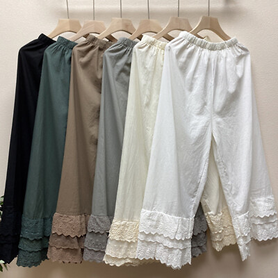 #ad Lady Cotton Straight Wide Legs Pants Trousers Lace Layered Casual Japanese Loose AU $36.15