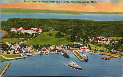 #ad Aerial View of Grand Hotel amp; Village Mackinac Michigan VTG Linen Postcard B11 $4.20