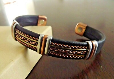 #ad Solid Copper Leather Wrapped Magnetic Bracelet Men Women Energy Pain Jewelry $10.95