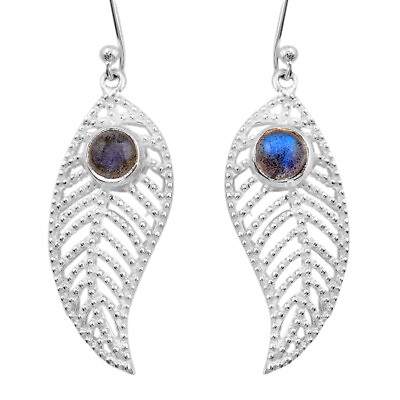 #ad Hand Carved Silver 1.71cts Leaf Natural Blue Labradorite Dangle Earrings Y32092 $13.49