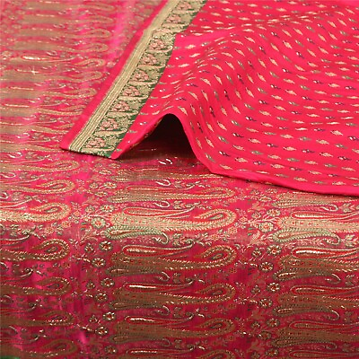 #ad Sanskriti Vintage Pink Sarees Pure Satin Silk Woven Brocade Banarasi Sari Fabric $74.46
