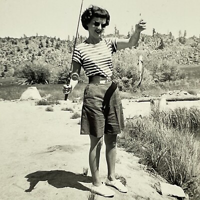 #ad YJ Photograph Pretty Woman Sunglasses Shows Of Fishing Catch Small Fish 1952 $14.96