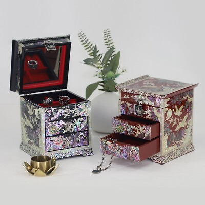 #ad Korean Handcraft Mother Of Pearl Jewelry Box New Wooden Black Red Antique Case $161.20