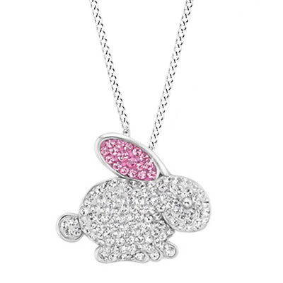 #ad Bunny Pendant Necklace Round Cut White amp; Pink Crystal 14K White Gold Plated $54.59