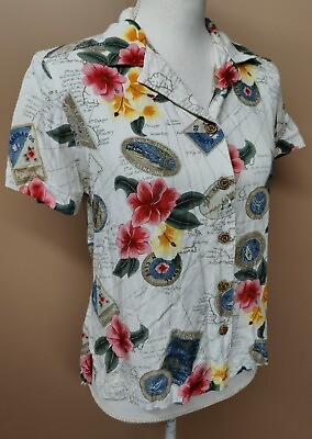 #ad Caribbean Joe Hawaiian Women#x27;s Shirt Rayon Hibiscus Button Down Petite Sz Small $12.50