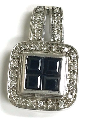 #ad Sterling Silver Princess Cut Geometric Blue Sapphire Diamond Pave Halo Pendant $84.00