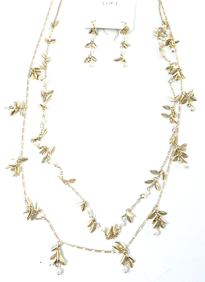 #ad Ann Taylor Loft Metallic Leaf Pearl Layer Necklace Dangle Earrings NWT 34 24 $12.50