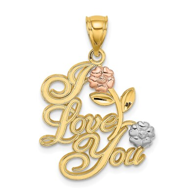 #ad 14k Yellow amp; Rose Gold with Rhodium I Love You Script w Two Flowers Pendant $222.95