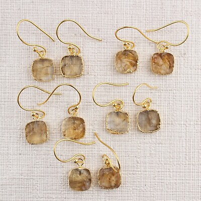#ad Rough Real Orange Citrine Gold Plated Drop Dangle Handmade Earrings 10 mm Square $4.80